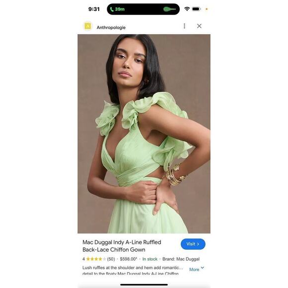 Mac Duggal Women's Green Indy A-Line Ruffled Back-Lace Chiffon Gown Size 2 NWT - Picture 4 of 14